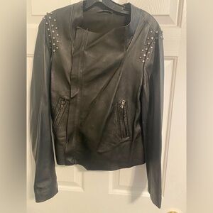 Biker Chic Zara Woman Black Leather Jacket w/Rhinestone Detail on Shoulder Sz XL